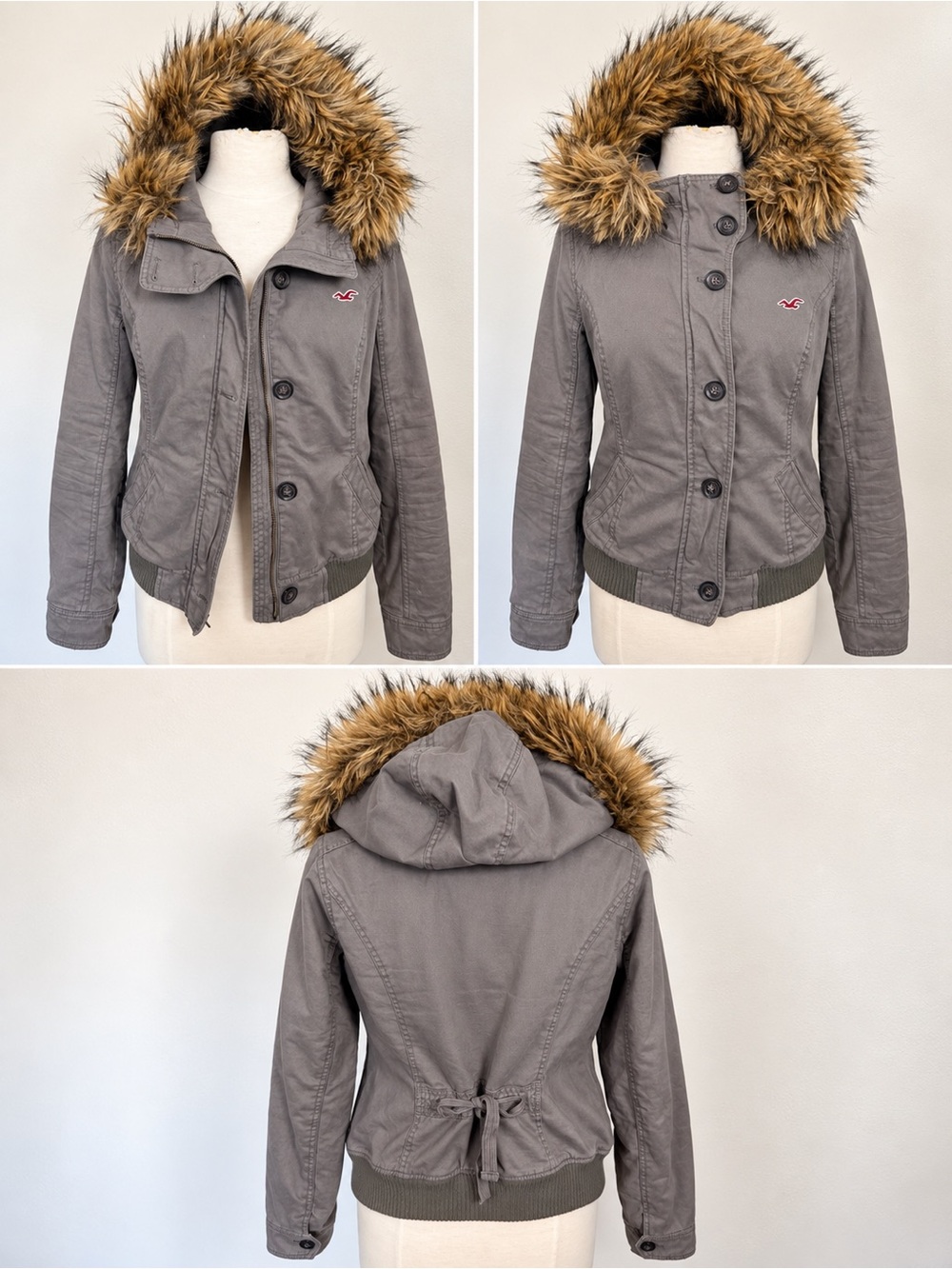 Y2K Vintage Bella Swan Twilight Hollister Gray Hooded Utility Jacket Faux-Fur